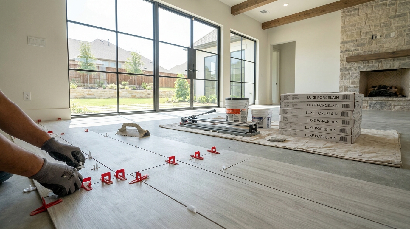 Professional tile installer placing large-format porcelain planks with leveling clips in a living room