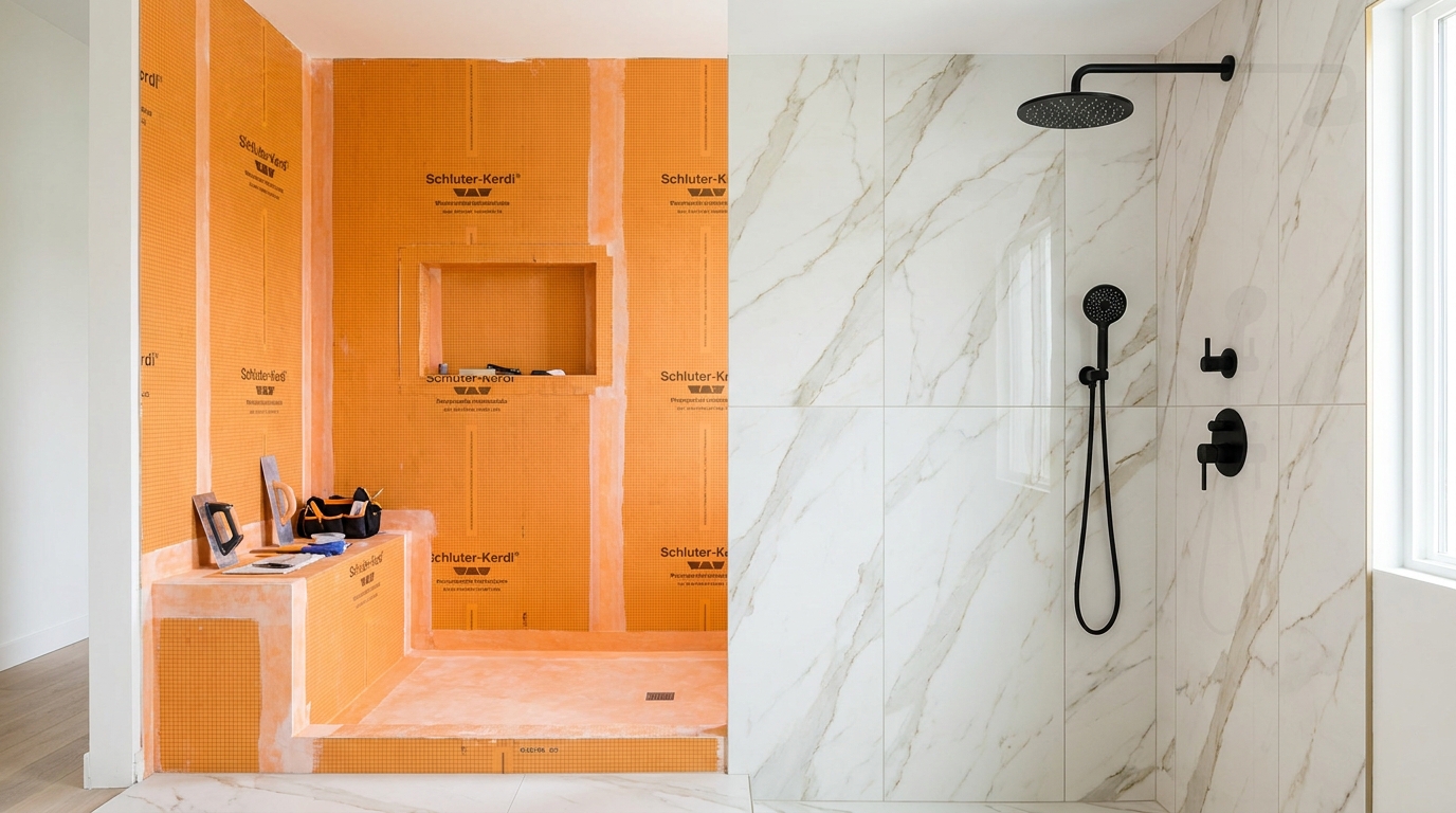Modern walk-in shower renovation showing orange waterproof membrane and installed marble porcelain tile
