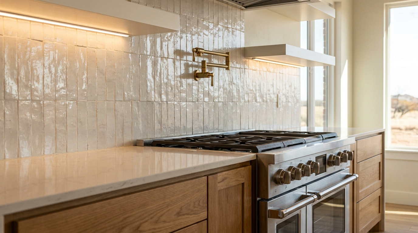 Handcrafted ceramic tile backsplash installed behind a luxury gas stove in Aubrey TX
